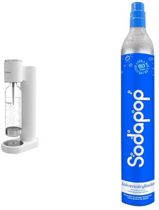 Sodapop Wassersprudler Cooper weiß inkl. 1x PET-Flasche & Universal CO₂-Zylinder | 425g Kohlensäure für bis zu 60 Liter frisches Sprudelwasser | geeignet für Wassersprudler, Sodastream, Arke, etc.