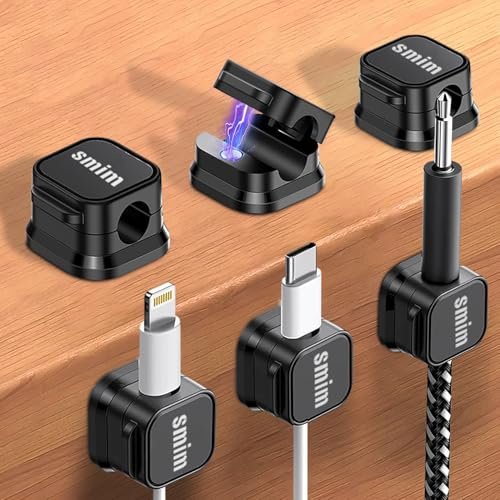6 Pack Cable Tidy Clips Adjustable Cord Organiser Magnetic Cable Management Self Adhesive Wire Holder for Desk, Nightstand, Charging Cables, HDMI, USB, Audio Cable, Office, Home (BLACK)