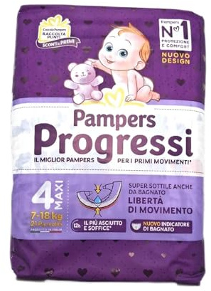Pampers Progressi Maxi, Taglia 4 (7-18 kg), Formato Scorta, Indicatore di Bagnato, Pelli Delicate, Linguette Rinforzate, Anti-Fuoriuscite, 126 Pannolini Bambino + 500 Punti Omaggio