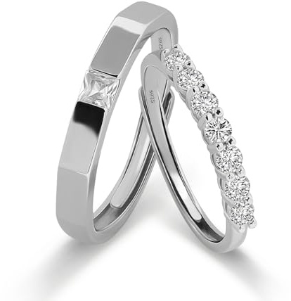 Meissa Anillos de Compromiso Boda para Parejas en Plata de Ley 925, Anillos de Promesa Ajustables en Plata Esterlina, Anillo de Banda para Mujeres Hombres, Juego de Dos