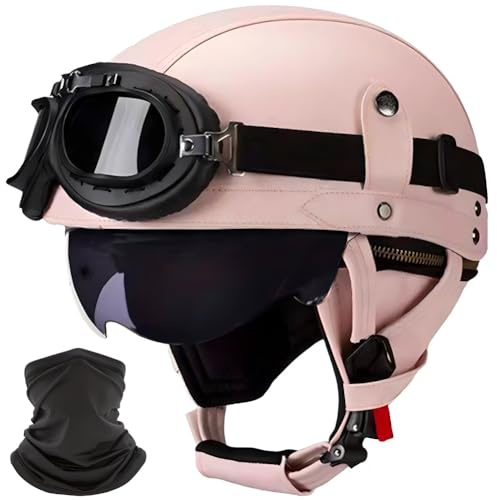 Deutsche Leder Motorrad Halbhelme, Halbschalenhelm mit ECE, Jethelm Retro, Scooter-Helm, Chopper Helm, Fahrradhelm, mit Sonnenblende und Schnellverschlussschnallen Offenem Helm,D,S 55~56CM
