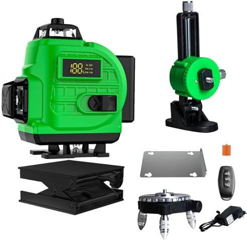 4 x 360° Self-Levelling Laser Level, 4D Laser Construction Site 16 Lines, Lazer Levels with LCD Display, Remote Control, 2 x Batteries, Rotary Bracket, Wall Mount