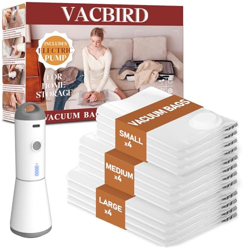 Vacbird Vakuumbeutel für Kleidung mit kabelloser Vakuumpumpe für Zuhause | 12 Stück in 3 Größen, 4000 Pa Saugleistung, wiederaufladbare, ideal für Bettdecken, Decken, Kissen & Umzug
