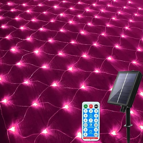 DINOWIN 96LED Solar Lichternetz 1,5x1,5M Lichterkette mit Fernbedienung 8 Modi IP65 Wasserdicht für Garten Weihnachten Hochzeit Party Dekoration Fenster Büsche Terrasse (Rosa)