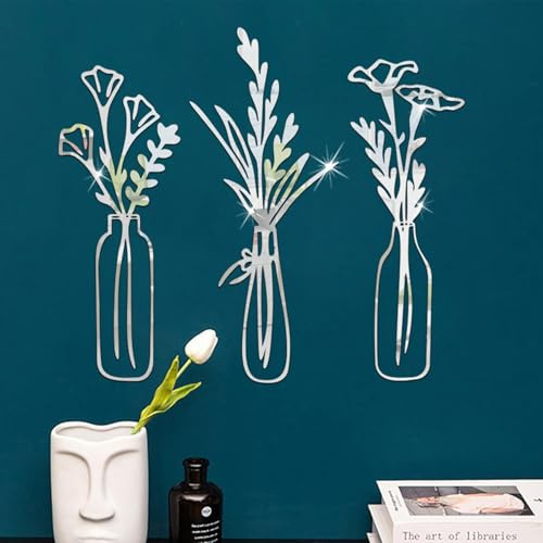 KASESSS 3 Stück Wandtattoo, Acryl Spiegel Wandtattoo Blumen, Wandtattoo Wohnzimmer, Spiegelfliesen Selbstklebend, 3D Wandaufkleber, DIY Spiegelaufkleber für Bad, Wohnzimmer, Schlafzimmer, Silber