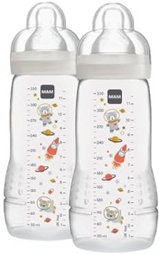 MAM Biberon Easy Active Baby Bottle 330 ml (Set da 2), Kit da 2 biberon MAM per bambini attivi ergonomici e pratici, Accessori neonato 4+ mesi allattamento con tettarella misura 3, Neutro