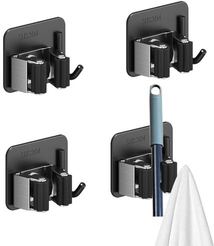 tiyiyok Besen- und Moppaufhänger, Wandhalterung für Besen, 4 Stück, ohne Bohren, selbstklebende Haken aus Edelstahl, Wandorganizer für Badezimmer, Küche
