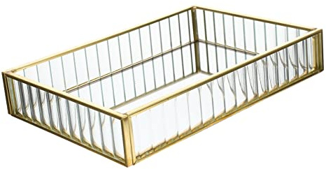 FRCOLOR Alloy Glass Mirror Jewelry Storage Tray Small Stripe Pattern Decorative Jewelry Dish Holder for Rings and Earrings Vanity Organizer