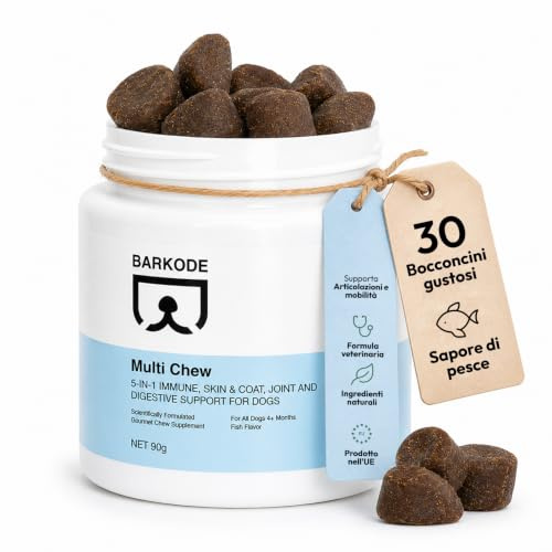 BARKODE Multivitaminico per Cani 5 in 1 – Integratore con Vitamine per Sistema Immunitario, Pelle, Pelo, Articolazioni e Digestione – 30 Bocconcini Morbidi al Gusto Salmone – 90 g – Dai 4 Mesi