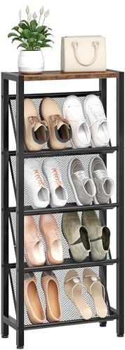 CHOEZON Schuhregal, Schuhablage, 5-stöckige Schmale Schuhablage mit Schrägen Ablagen, Kompaktes Schuhregal, Verstellbare, für kleine Räume, Foyer, Eingangsbereich, Vintagebraun und Schwarz DTXJ03BF