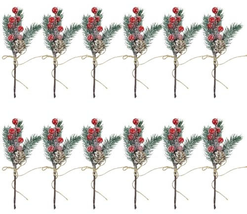 12Pcs Artificial Pine Branches, Snowy Artificial Pine Picks Christmas Berries Stems with Pines Cones Holly Berry Xmas Flower Ornaments for Christmas Tree Decorations, DIY Wreath Home Vase Decor