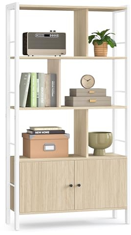 VASAGLE Bookshelf, Storage Shelf, Large Bookcase with Doors, 4 Shelves, Stable Steel Structure, Modern Style, for Living Room, Office, Natural Beige and Cloud White LBC022LL01
