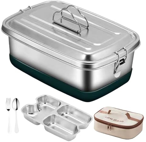 GOEDCH Fiambrera a prueba de fugas de 2000 ml con compartimentos: fiambrera de acero inoxidable sin BPA, con compartimentos, fiambrera de acero inoxidable de doble capa con tenedor y cuchara para