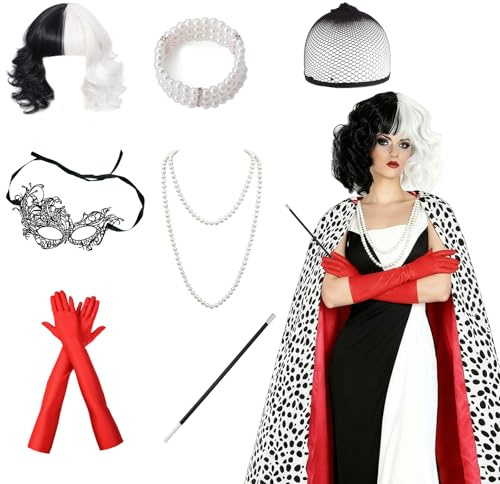 Lot de 8 accessoires de costume de diable avec cape longue, perruque, gants longs, collier de perles, bracelet de perles, accessoires de poche, masque, filet à cheveux pour la journée mondiale du