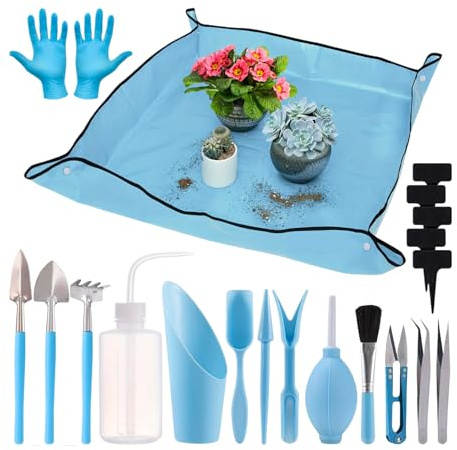 Gardening Tools Set with Waterproof Repotting Mat | 20-Piece Garden Tool Kit for Soil Digging, Mixing, Trimming & Watering | Indoor Outdoor Plant Care Set for Succulents, Bonsai & Potted Plants