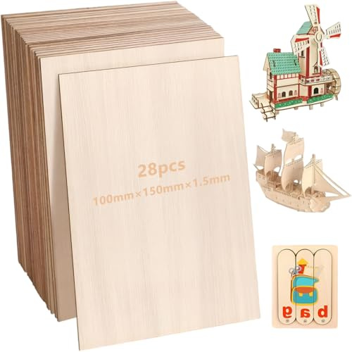 Xbessc 28 Piezas Madera Contrachapada 1,5 mm, Madera de Balsa 100 x150 mm, Tablero Contrachapado de Tilo, Sin Terminar Tablero Madera para Pirograbado, Corte Láser, Manualidades, Modelismo y Pintura