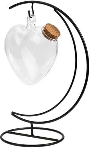 GALPADA Set 1 Bottiglia Trasparente Cuore 14cm Tappo in Sughero e Supporto in Ferro, Barattolo dei Desideri Decorativo in Vetro per Origami e Souvenir, Accessorio per Arredamento Casa