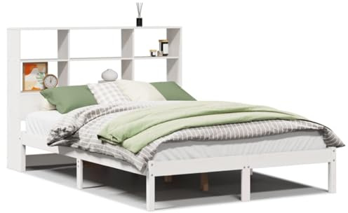 HETFTJN Massivholzbett 140x190 cm Weiß Kiefer mit Bücherregal Kopfteil Lattenrost platzsparendes Einzelbett Jugendzimmer Schrankbett Funktionsmöbel für kleine Räume