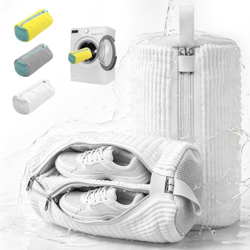 CKCN 2 in 1 Schuhwaschbeutel Waschmaschine mit Doppel Reißverschluss | Sicherheitsclip, Waschbeutel Schuhe mit 2 Fächern, Wiederverwendbarer Schuhbeutel für Sneaker und Alle Schuhgrößen, Weiß
