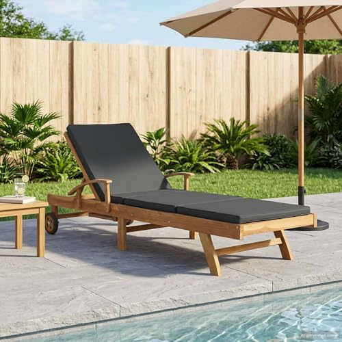 Cartvyn Sonnenliege Gartenliege Liegestuhl Relaxliege aus Massivholz Teak Braun und Dunkelgrau, klappbar, verstellbar, wetterfest, mit Rollen und ausziehbarem Seitentisch für Balkon Terrasse Pool