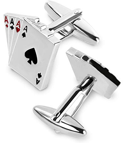 rhungift Brass Cufflinks for Men- Men's Gifts Playing Cards 4A Poker Cuff Button Shirts Silver for Vegas Casino Night Event Wedding Business