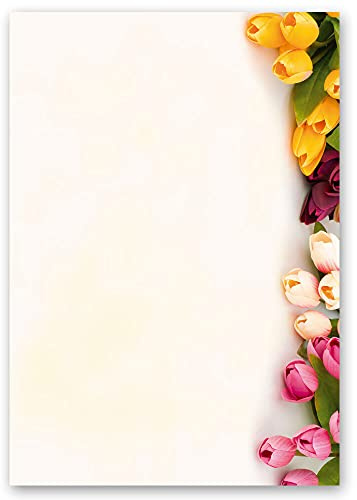 50 ark dekorerat brevpapper blommönster, färgade tulipaner fjädermönster DIN A4
