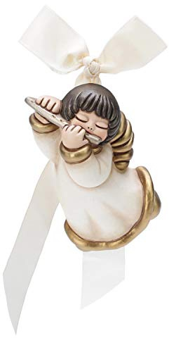 THUN® - Angelo da Parete con Flauto - Formella con Fiocco Bianco - Ceramica - Linea I Classici
