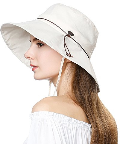 Comhats Faltbarer Damen Sonnenhut Sommerhut UPF 50 breite Krempe mit Kinnriemen,99024_Beige,M (55-59 cm)