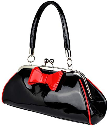 Schompi Damen Vintage Lack-Tasche mit Dekorativer Schleife, Schwarz Rot, Retro, Rockabilly Handtasche Abendtasche