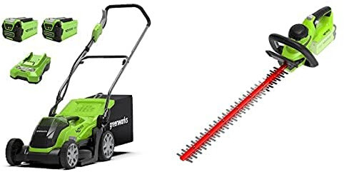 Greenworks 40V Cordless Lawn Mower 35cm (14) with 2x 2Ah batteries and chager - 2501907UC & Greenworks 40V Cordless Brushed Hedge Trimmer - Battery and charger not included - 2200907