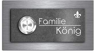 Premium Designer Türklingel mit Namen - Wunschtext | LED-Klingelknopf 9x4 cm | Modell: König- beschriftete Klingel aus Hochglanz Acrylglas und Edelstahl Klingelschild Taster beleuchtet