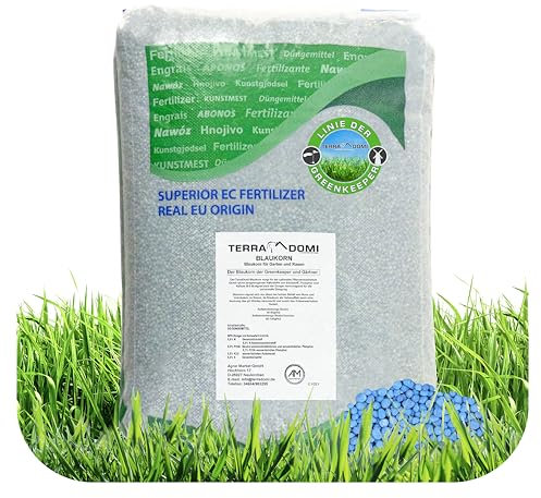 TerraDomi Blaukorn Dünger 25kg | Rasendünger Sommer mit Langzeitwirkung | Blaudünger optimal auch bei Hitzestress für einen gesunden Rasen | Volldünger & Universaldünger | 625m²
