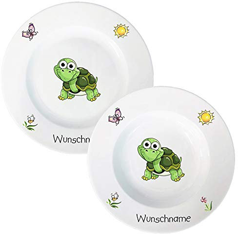 Kindergeschirr Speiseservice 2-tlg. Suppenteller und Speiseteller Kinder Service Set aus Porzellan personalisierbar mit Wunschname Name Kindergeschirr mit Namen personalisiert (Schildkröte)