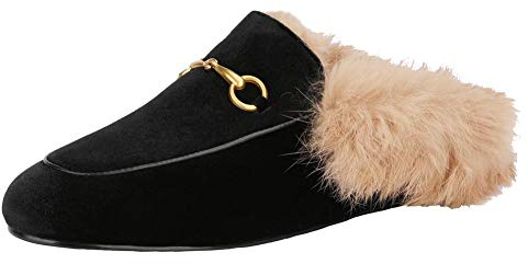 Fur Mules for Women Leather Low Heel Loafers Pointed Toe Rabbit Furny Mule Flats Backless Slides Black Velvet