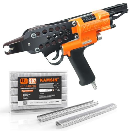 Kamsin K-SC7E - Grapadora neumática de anillo en C de calibre 15, corona de 3/4 de pulgada, grapadora neumática de nariz larga con anillo de cerdo para cercas, colchones, jaulas, asiento de automóvil