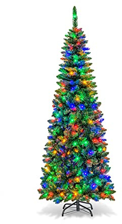 COSTWAY 135/200/225cm Bleistift Weihnachtsbaum mit mehrfarbigen LED-Leuchten, künstlicher Tannenbaum mit Klappsystem und Metallständer, Christbaum PVC Nadeln, Kunstbaum Weihnachten Grün (135cm)