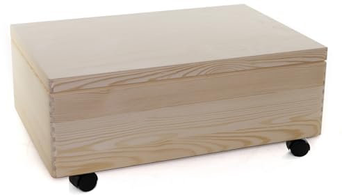 Holzfee Holzkiste groß 59 x 40 x 20/26 cm Kiste Holz Kiefer Aufbewahrungsbox mit Deckel und Rollen