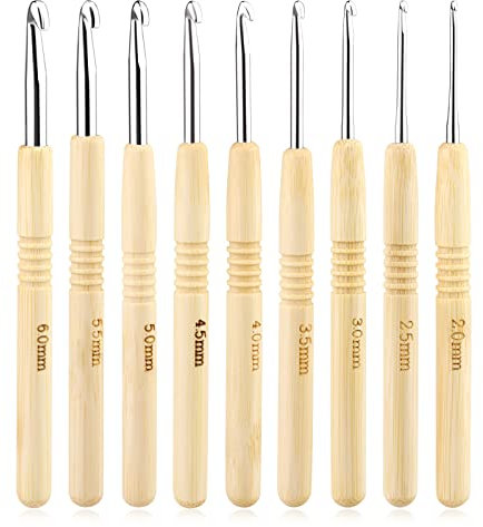 Häkelnadel-Set, ergonomischer Griff für arthritische Hände, Holzgriff zum Häkeln, extra leichte Stricknadeln für Anfänger und Häkelgarn, 2,0-6,0 mm Starter-Häkelset (9 Stück)