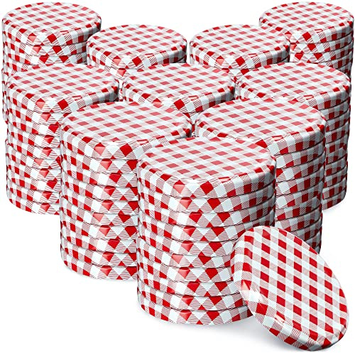 KADAX Jar Lids Ø 82 mm, Secure Metal Lids with Six Threads, Jar Seals Replacement, Twist Off Closure for Pickling and Preserving (Red Grid, Set of 100)