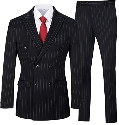 Mens Tuxedo Suit Set 3 Piece Striped Business Suits for Men Navy Dress Suit Jacket Vest and Pants Set,XL