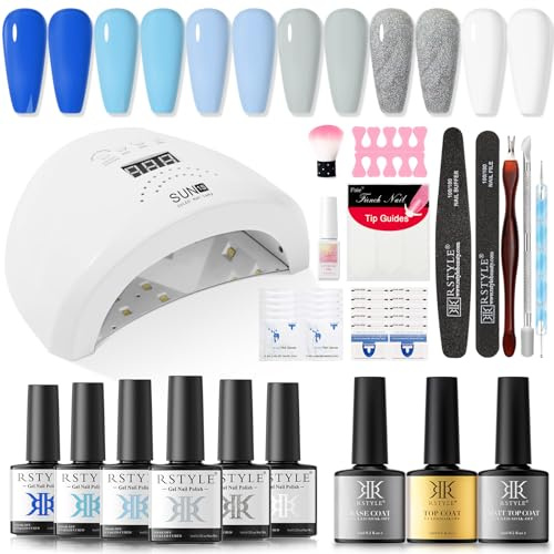 RSTYLE UV Nagellack Set mit Lampe 48W UV/LED, 9PCS Gelnäge Set Starterset mit Lampe Gelnägel Starterset UV Gel Nagellack Starterset Gellack Nägel Nagelstudio Set Geschenkset Blau Grau Glitzer