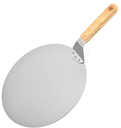 AKAZI Pala Rotonda Grande da 10/12 Pollici con Manico in Legno Pala per Pizza in Acciaio Inossidabile Pala per Torta Pala per Pizza Trasportatore per Torta Pala da Forno, Argento (48,4 * 30,4 cm)