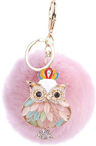 Canarea Schlüsselanhänger Plüsch ball strass bommel Keychain Elegant Plüsch-Kugel Taschenanhänger,Auto-Anhänger Pompom Glitzer Eule Weich Dekor Schlüsselring (Pink)