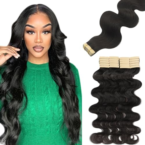 Lashey Tape in Extensions Echthaar 60cm(24zoll) 20pcs 50g Gewellt Echthaar Tape Extensions Natürlich Schwarz Haarverlängerungen Echthaar für Frauen Invisible and Skin Weft Tape ins