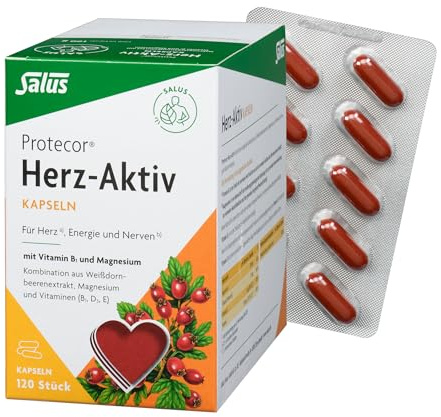 Salus Protecor Herz-Aktiv - 1x 120 Kapseln (180 g) Nahrungsergänzungsmittel mit Vitamin B1 und Magnesium - zur Unterstützung der Herz- und Muskelfunktion - Vitamin E und D3 plus Weißdornbeerenextrakt