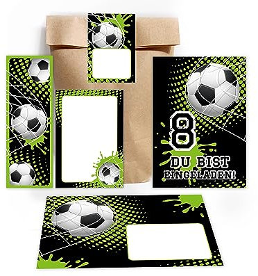 8 Einladungskarten zum 8. Kindergeburtstag Junge Fussball Fußball Einladung zum achten Geburtstag incl. 8 Umschläge, 8 Partytüten/natur, 8 Aufkleber, 8 Lesezeichen, 8 Mini-Notizblöcke