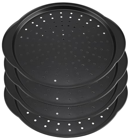 ZEONHEI 4 Pack 12 Inch Pizza Trays Non Stick, Pizza Baking Pan with Holes and Handle, Carbon Steel Round Oven Trays for Making Pizza