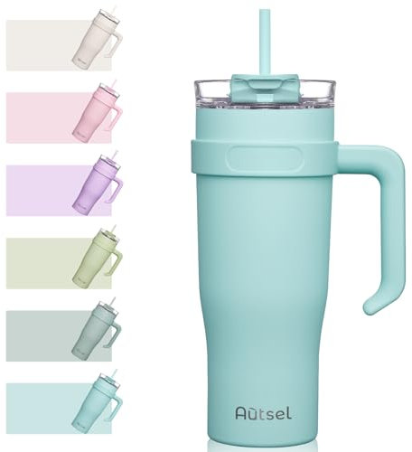 Autsel 40oz Trinkbecher mit Deckel und Strohhalm,1200ml Thermobecher mit Strohhalm und Henkel, Doppelwandiger Edelstahl Vakuum Isolierbeche Kaffeebecher to Go, Tragbare Auto Becher