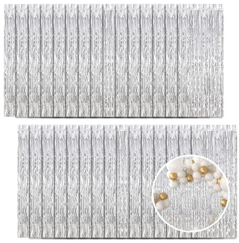 30 Pack Silver Foil Fringe Curtain Backdrop, 3.3x8.2 Feet Metallic Tinsel Streamer Curtains Photo Booth Props for Birthday/Wedding/Bachelorette/Baby Shower/Christmas/New Year/Disco Party Decorations