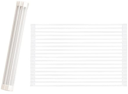 PZiXuaner Roll Up Dish Drying Rack Over The Sink.Large Foldable Kitchen Drainer,Fully Silicone Cover Stainless Steel Bar,Heat-Resistant, Anti-Slip Sink Rack for Kitchen Counter Multipurpose.
